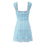 Purpdrank  Sexy Mesh Blue Fruit Print Elastic Strap Short Sleeve Dress Bow Square Collar Mini Tank Dresses Slim Fit Woman Robe