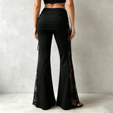 Purpdrank  Gothic Bandage Cut Out Flare Pants For Women Punk Lace Up High Waist Flare Pants Ruched Waist Folder Over Trendy Party Trouser