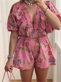 Purpdrank  Women Deep V-Neck Loose Rompers Floral Print Short Puff Sleeve Summer Jumpsuits High Waist Playsuits Streetwear