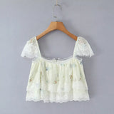 Purpdrank  French Style Floral Embroidery Cropped Blouse Shirt Women Beige Lace Lyocell Summer Vocation Casual Sexy Ladies Y2K Tops New