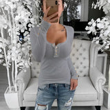 Purpdrank  Spring Elegant Women Corset Skinny Shirt Top New Chic Long Sleeve U Neck Button Slim Ribbed Stretchy T-shirt Streetwear