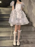 Purpdrank  Princess Style Floral Print Puffy Sleeve Short Dress Women's Summer Tea Break Waist Cinched Bubble Skirt City Walk Dress
