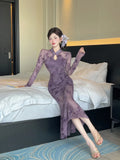 Purpdrank  Sexy Long Sleeve Lace Cheongsam Dress Waist Cinched Maxi Skirt for Women Southeast Asia Cross Border Elegant Commute Style