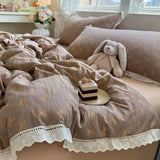 Purpdrank  Korean Style Girly Heart Floral Double Layer Gauze Four-Piece Set Princess Style Lace Trim Quilt Cover Bed Sheet Dormitory