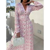 Purpdrank  S-XXL Women's Fashion V-neck Single Breasted  Long Party Dress Ladies Casual Printed Waist Comfortable Versatile Dress