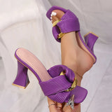 Purpdrank  Metal Decor Women's High Heels Sandals Summer 2025 Fashion Square Toe Thick Heel Pumps Woman Elegant Purple Dress Party Sandals