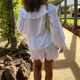 Purpdrank  Women Ruffles Set Long Puff Sleeve Babydoll Blouse Shirt Coquette Eyelet Shorts Set 2 Piece Outfit 90s Vintage Y2k Streetwear