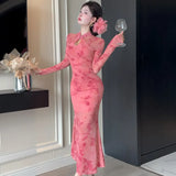 Purpdrank  Sexy Long Sleeve Lace Cheongsam Dress Waist Cinched Maxi Skirt for Women Southeast Asia Cross Border Elegant Commute Style