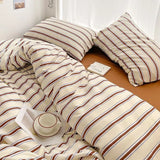 Purpdrank  Simple Red and Blue Striped Quilt Cover Bed Sheet Four-piece Set Washed Cotton Bedding College Dormitory Three-piece Set