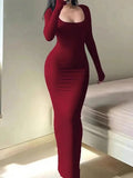 Purpdrank  Autumn Dresses Women's Elegant Mature Vibe Plain Long Sleeve Square Neck Midi Daily Bodycon Dresses
