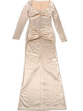 Purpdrank  Women's Elegant Champagne Square Neck Long Sleeve Maxi Dress New Stylish Ruched Slim Bodycon Dress for Eveing Party Gown