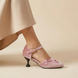Purpdrank  Big Size 46 Women Pink Velvet Mary Jane Pumps Bow Knot Ankle Strap Kitten Heel Shoes Elegant Pointed Toe Office Dress Shoes