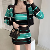 Purpdrank  Sexy Two Piece Set Women Fashion Basic Stripy slim Tube Top + Cardigan + Skirt Suits High Street Sheath Knitted 3 Pieces Sets