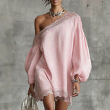Purpdrank  Casual Loose Long Sleeve Mini Dress Women Summer Fashion One Shoulder Pink Lace Short Dresses Elegant