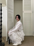 Purpdrank  Luxury Women's Blouse Set and Skirt Flower Hollow Hook Lace Shirt+High Waist Cake Skirt Set New Collection White Dress Set