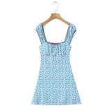 Purpdrank  Sexy Mesh Blue Fruit Print Elastic Strap Short Sleeve Dress Bow Square Collar Mini Tank Dresses Slim Fit Woman Robe