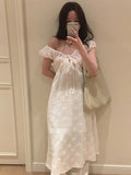 Purpdrank  Ele Embroidered A-Line Dr Women's Summer Chic Bow-Tied Long Dr High Waist Korean Sle Commute Softn Medium