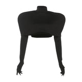 Purpdrank  Women's Black O Neck Long Sleeve Crop T-Shirt and Stand Collar Cover Top 2 Piece Set with Gloves Fall Fashion Outfits
