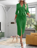 Purpdrank  Spring Autumn Shirt Dress Lapel Waist Lacing Button Split Robe Women's Clothing Trend Party Dresses Office Ladies Dress Chic New