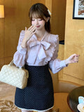 Purpdrank  Autumn Winter Bow Retro Elegant 3 Piece Set Woman Ruffle Design Coat + Polka Dot Mini Retro Skirt Female Korean Popular Clothes