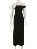Purpdrank  Elegant Off Shoulder Maxi Dress for Women Fashion Color Match Bow Ribbon Sleeveless Slim Bodycon Evening Party Long Dress