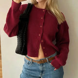 Purpdrank  Button Round Neck Woolen Cardigan Autumn Women's Lazy Casual Versatile Slim Short Coat Simple Solid Color Soft Long-sleeved Coat