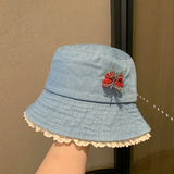 Purpdrank  Women Girls Denim Bucket Hats Spring Summer Wide Brim White Lace Trim Sun Protection Cap for Outdoor Beach Fashion Fisherman Hat