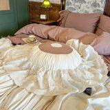 Purpdrank  100% Cotton Vintage French Pleated Lace Ruffles Bow Princess Bedding Set Duvet Cover Set Bed Skirt Bedspread Pillowcases