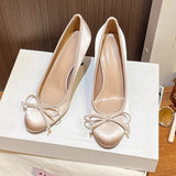 Purpdrank  Luxury Brand High Heels Women Satin Bow Round Toe Mary Jane Shoe Fashion Shallow Designer Pumps Elegant Dress Shoe Zapatos Mujer