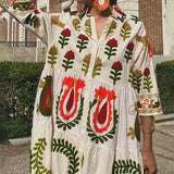 Purpdrank  Women's Floral Long Shirt Dress 3/4 Sleeve Lapel Neck Button-up Flowy Loose Dresses