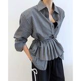 Purpdrank  Vintage Plaid Shirts Women Harajuku Pleated Patchwork Blouses Ladies Streetwear Korean Bandage Long Sleeve Casual Design Tops