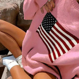 Purpdrank  Retro American Style Streetwear Star Flag Pattern Loose Fit Crewneck Pullover Knit Sweater Women's Top