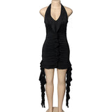 Purpdrank  Yellow Ruffles Sexy Halter Backless Summer Dresses for Women 2025 Fashion Asymmetrical Deep V-Neck Mini Party Prom Dress Ladies