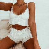 Purpdrank  New Summer Women Sexy Sling Lace-Up Homewear Suit Casual Sleeveless Short Top Shorts Loungewear Solid Backless Bow Patchwork Set