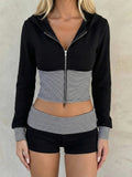 Purpdrank  Women Casual Striped Color Block 2-Piece Set Zip Up Long Sleeve Crop Hoodie & Shorts Matching Suits Streetwear Tracksuit