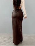 Purpdrank  Sexy Split PU Faux Leather Retro Long Skirts For Women 2025 Spring Fashion Solid High Waisted Office Straight Skirt Female Y2K
