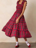 Purpdrank  Women Casual Sleeveless Pleated Long Dress Fashion Hight Waist Loose Party Dress Vintage Christmas Plaid Print Suspender Dress