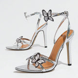 Purpdrank  Fashion Butterfly Ankle Strap Woman Sandals Cozy Leather Narrow Band Open Toe Silver High Heels Wedding Banquet Shoe Women