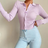 Purpdrank  CHIC Retro Knitting Single Breasted Button Lapel Cardigan Sweater Woman Stripe line Long Sleeve Jumper Knitted Knitwear