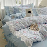 Purpdrank  Fashion Lattice Bedding Set Bed Sheet Cute Princess AB Double Sided Ruffle Flower Quilt Cover Pillowcase Bedclothes Home Textile