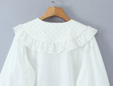 Purpdrank  New Spring White Cotton Long Lantern Sleeve Shirt Women Embroidery Lace Peter Pan Collar Front Open Buttons Loose Tops Blouses
