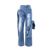 Purpdrank  Sexy Bowknot Vintage Denim Two Piece Women Pants Outfit 2025 Fashion Strapless Cropped Top and Wige Leg Straight Jeans Pant Sets
