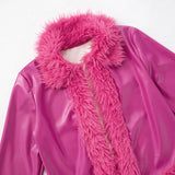 Purpdrank  Sexy Faux Leather Two Piece Women Furry Winter Outfit 2025 Fashion Faux Fur Collar Cardigans Coat and Micro Skirts Matching Sets