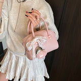 Purpdrank  Mini Boston Shoulder Crossbody Bags For Women Lace Bowknot Round Top-handle Bag With Heart Pendant 2025 Designer Handbags