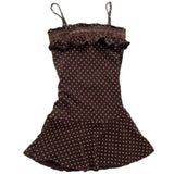 Purpdrank   New Summer Style Literary Retro Temperament Design Polka Dot Printed Suspender A-line Skirt for Women Brown Short Skirt