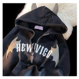 Purpdrank  Trendy Fleece-Lined Little Devil Horn Cardigan Hooded Sweater High Street Loose All-Match Couple Top for Men And Women