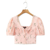 Purpdrank  Summer Puff Sleeve French Floral Printed Shirts Elastic Back Sexy Crop Tops Slim Short Top
