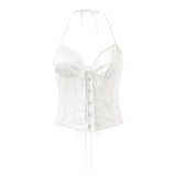Purpdrank  Sexy White Satin Bow Halter V neck Open Hook Buttons Slim Tank Top Women Cross Lacing Up Bandage Back Backless Tee Summer Vest
