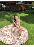 Purpdrank  New Floral Waist-Cinching Slimming 7m Pleated Long Halter Dress for Women