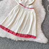 Purpdrank  Korean Sle Student Stripe Knitted T-irt Top High Waist A-Line Skirt Set round Ne ort Sve Casual Faion Ensemble
